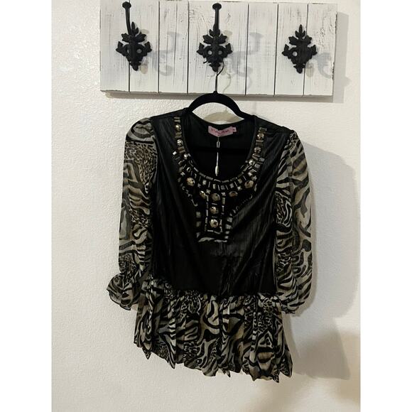 NWT Pretty Angel zebra & black top w sheer sleeves dressy beaded size Large - Picture 1 of 11